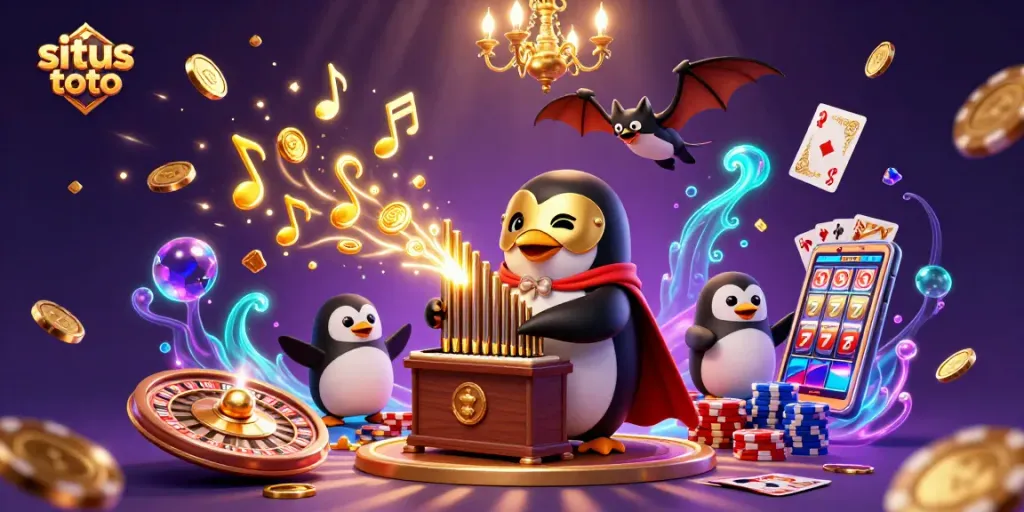 Engage with situs toto through a lively 3D scene of cartoon characters playing casino games and celebrating wins.