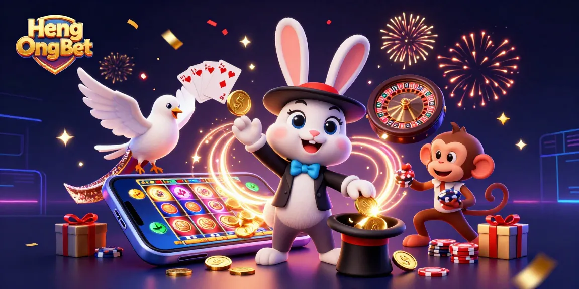 Engage in thrilling gaming with Heng Ong Bet's vibrant casino scene featuring playful characters and dynamic game elements.