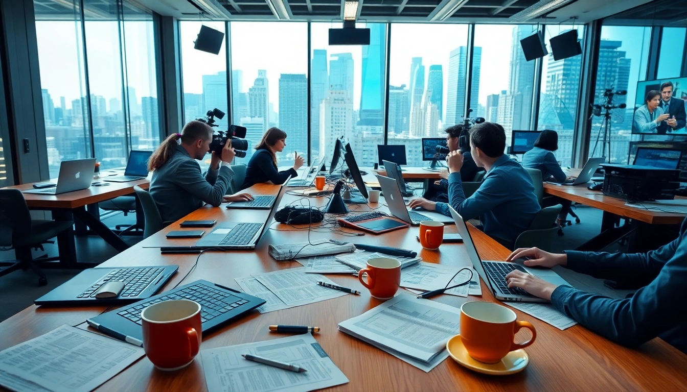 Capture the essence of news reporting with journalists collaborating in a vibrant newsroom.