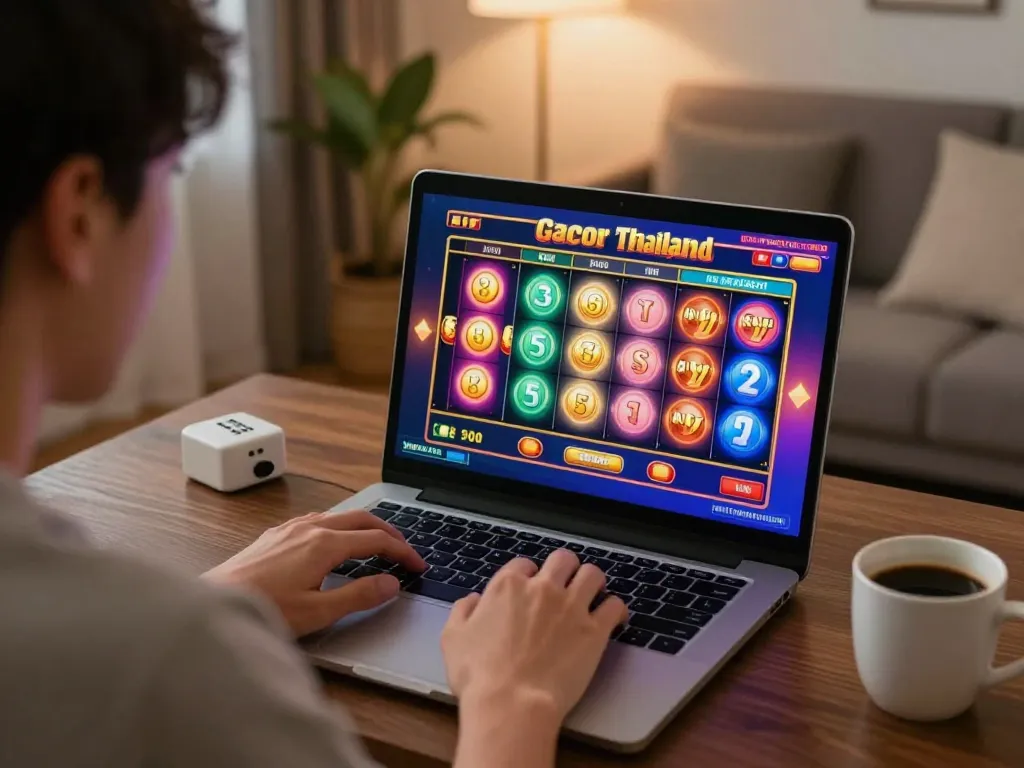 Engaged player explores slot gacor thailand games on a laptop in a cozy home setup.