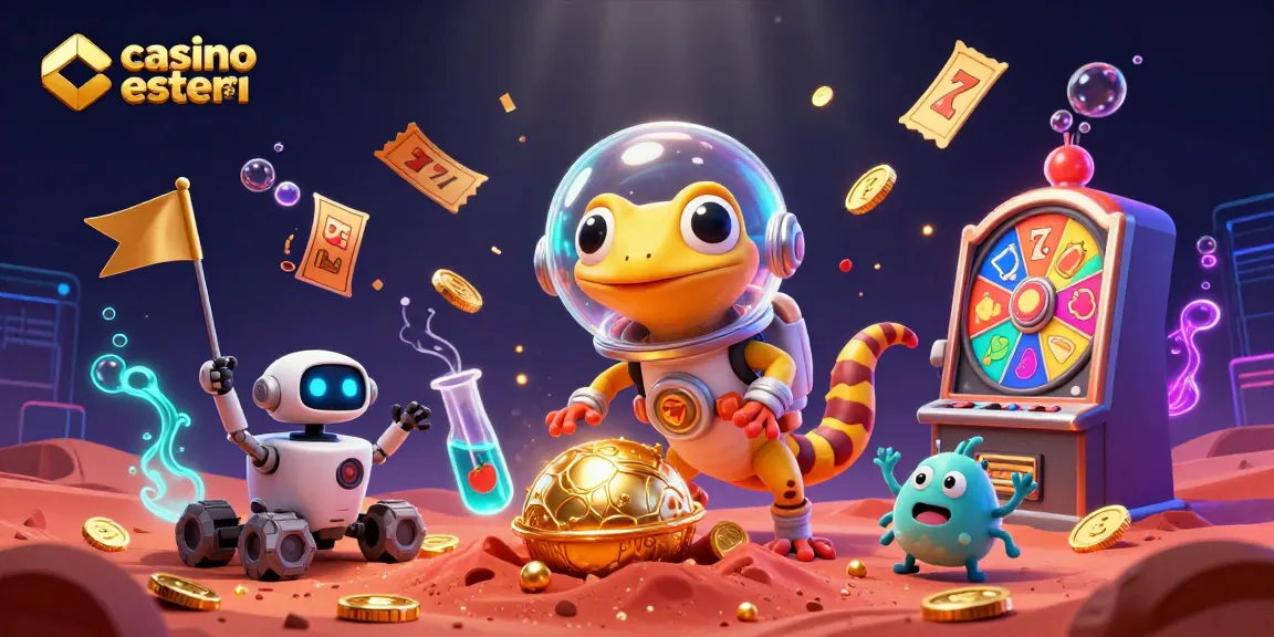 Il gecko marziano esplora un casinò d'oro tra le sabbie rosse di Marte, evidenziando il casino online esteri.