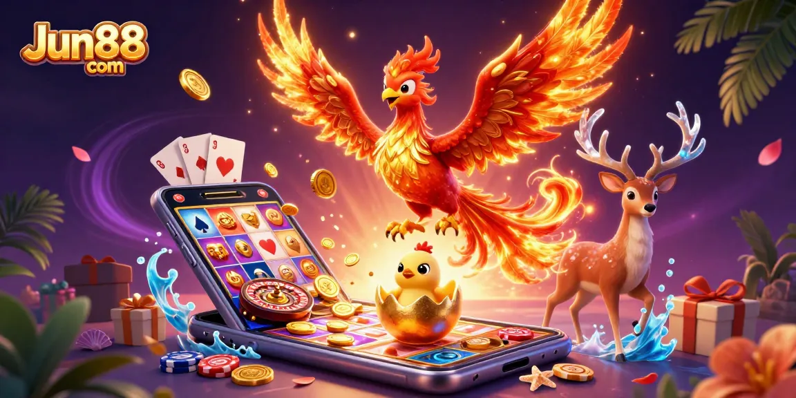Win big at Jun88 com with vibrant slots amidst a cartoon phoenix and golden egg.
