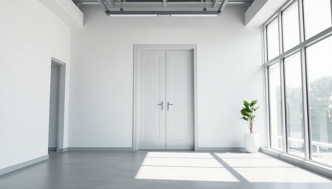 Showcasing a stylish single leaf double swing door within a contemporary office environment