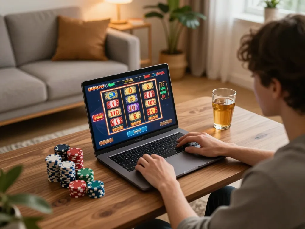 Engaging in online slots at sc88 from a cozy home setup, showcasing dynamic gameplay