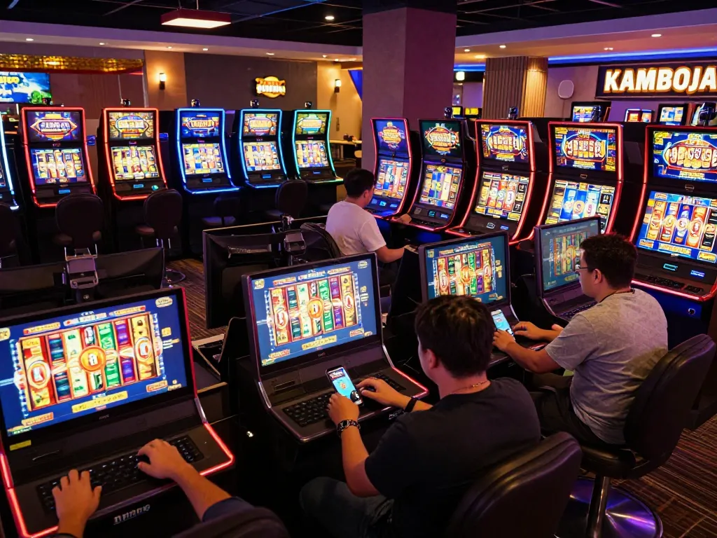Engaged players enjoying slot kamboja super gacor experience on their devices in a vibrant online casino environment