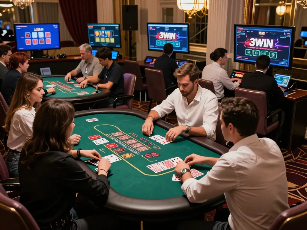 Players engaging in a live dealer game at 3win, showcasing excitement and strategic betting.