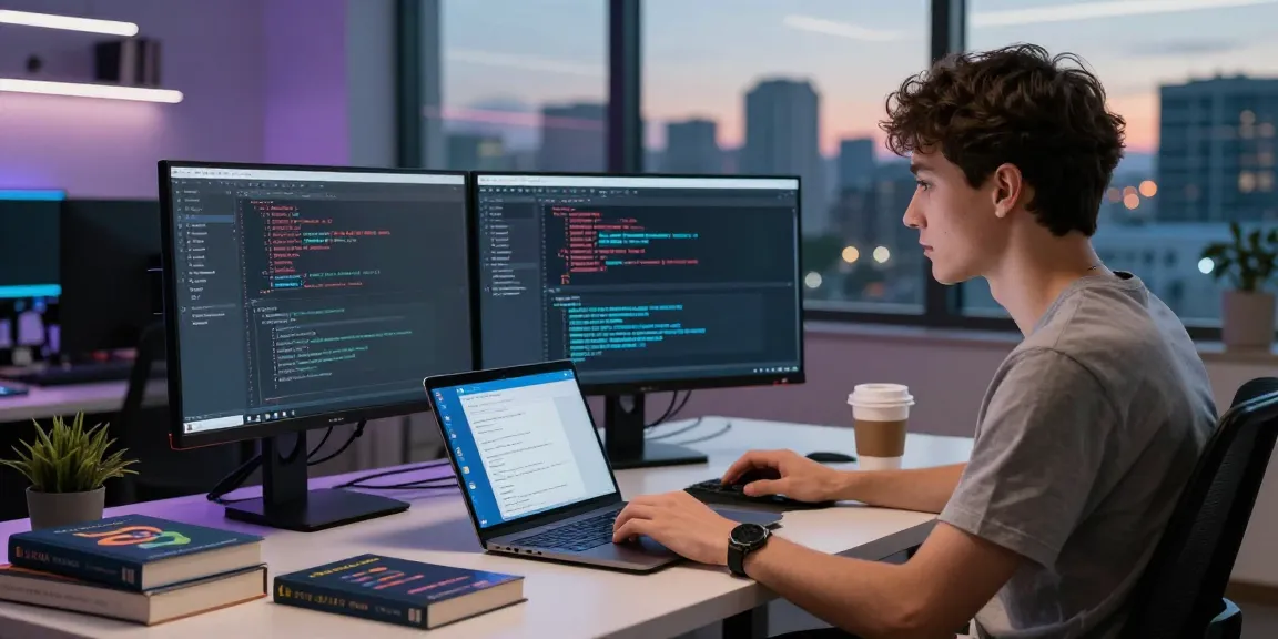 Engaging tech workspace focused on coding Telegram中文 messaging solutions, with multitasking programmer and vibrant office setting.