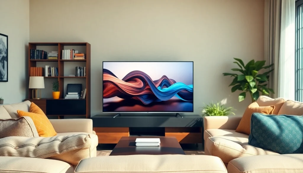 Engaging living room with smart TV showcasing iron IPTV, highlighting modern decor and inviting atmosphere.