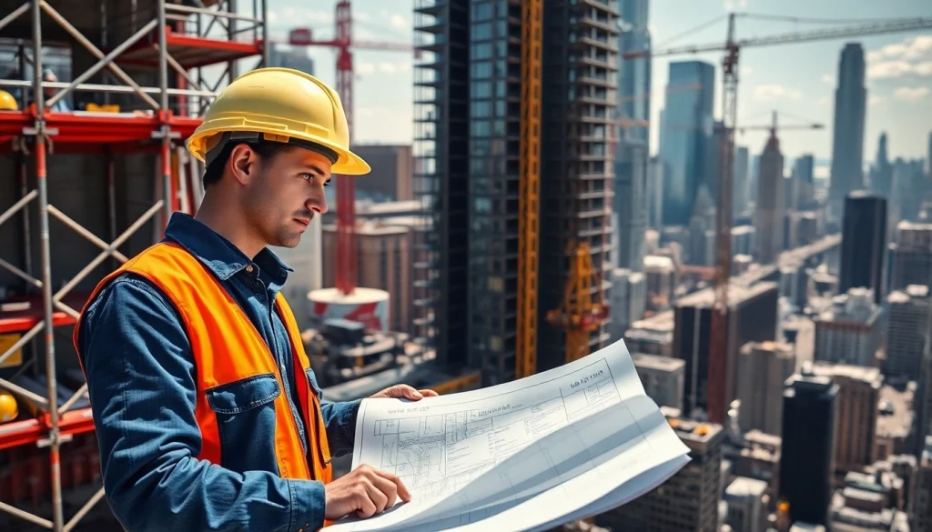 Manhattan General Contractor reviewing plans amidst a vibrant construction site in the city.