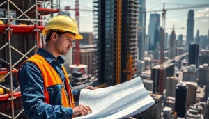 Manhattan General Contractor reviewing plans amidst a vibrant construction site in the city.