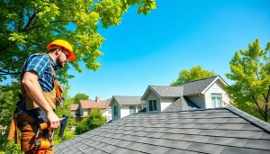 Showcasing high-quality roofing solutions by a professional roofer inspecting a new asphalt shingle roof.