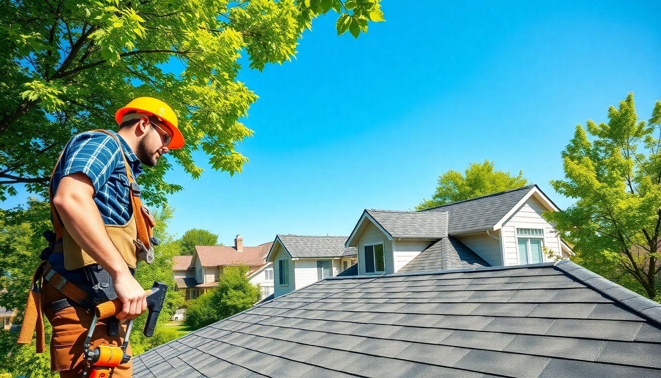 Showcasing high-quality roofing solutions by a professional roofer inspecting a new asphalt shingle roof.