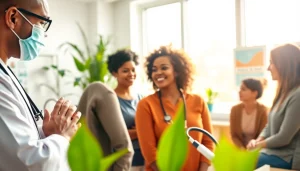 Health professionals engaging with diverse patients in a warm clinic environment.