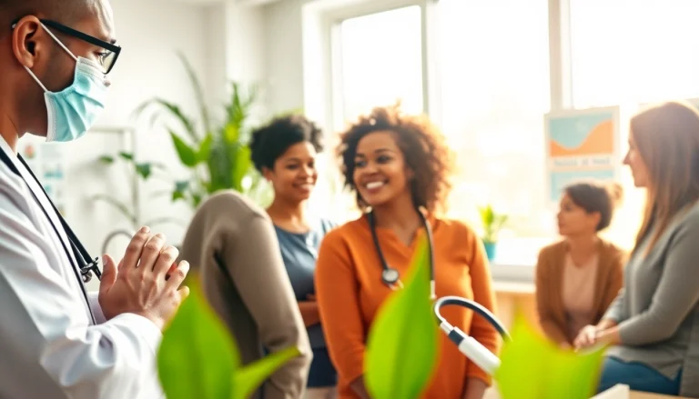 Health professionals engaging with diverse patients in a warm clinic environment.