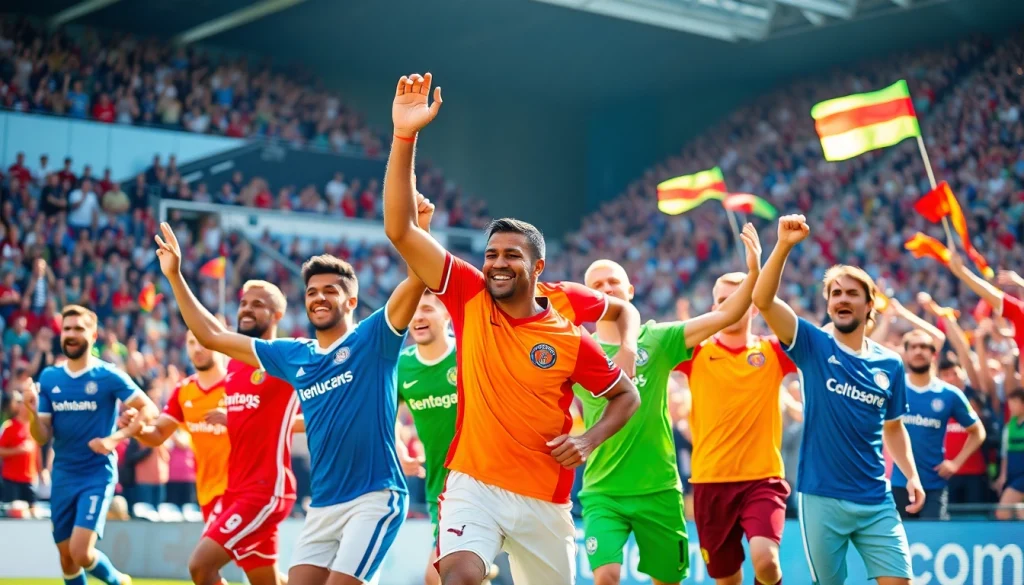 Showcase of discount football shirts worn by players celebrating in a vibrant stadium.