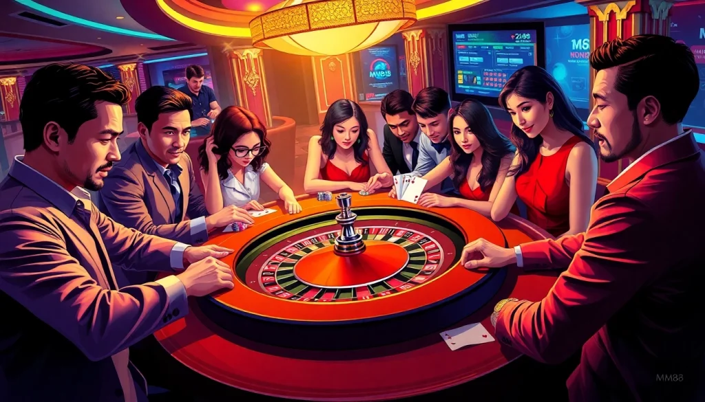 MM88 roulette table featuring diverse players in a vibrant casino ambiance.