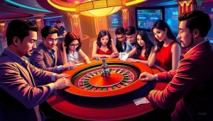 MM88 roulette table featuring diverse players in a vibrant casino ambiance.