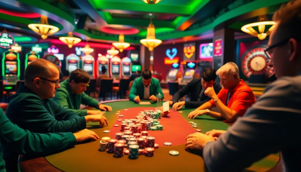Players engaging in an intense poker matchup featuring Hi8802 poker chips, showcasing the thrill of live gambling.