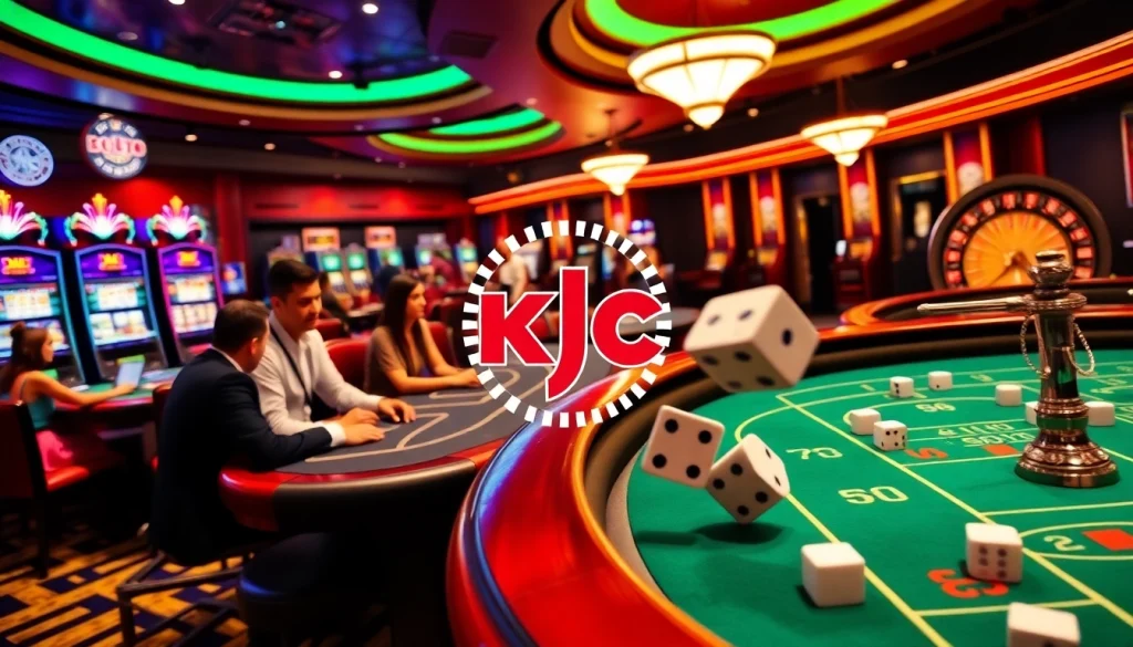 KJC AC 3 Casino scene with card games, slot machines, and players.