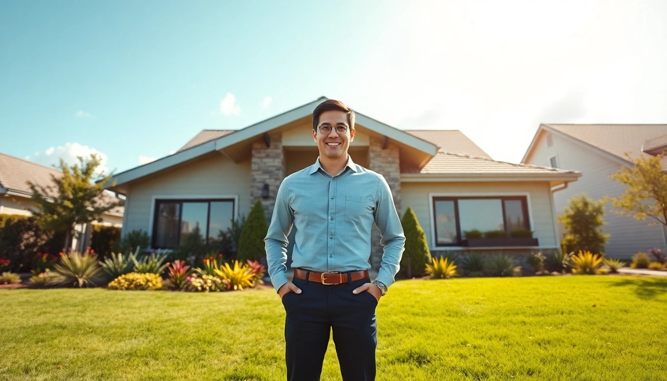 Highlighting a real estate agent in front of a modern home, exuding professionalism and approachability.
