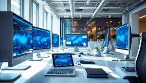 Showcasing technology in a modern office with sleek devices and digital interfaces.