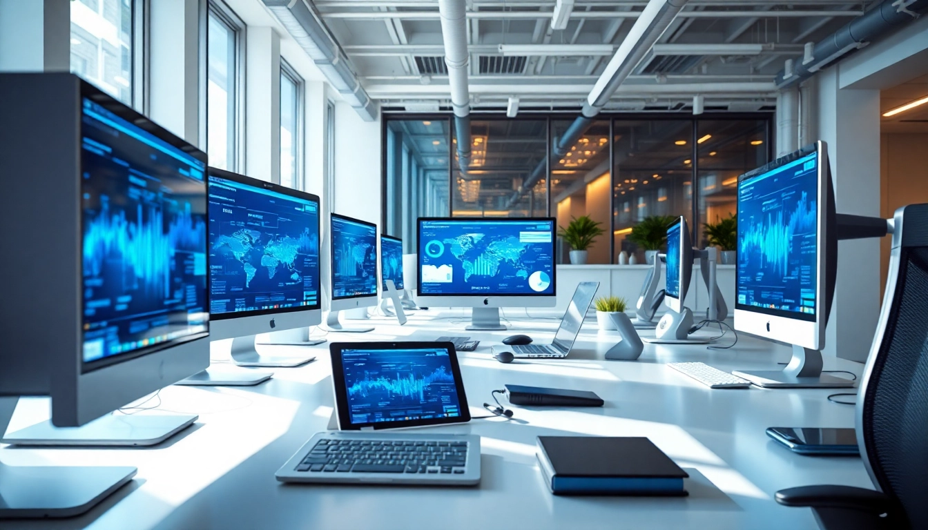 Showcasing technology in a modern office with sleek devices and digital interfaces.