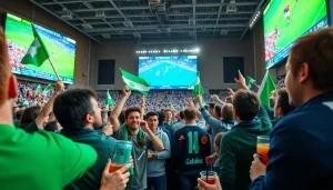 해외축구중계에 열광하는 팬들의 모습과 생동감 넘치는 경기장 분위기