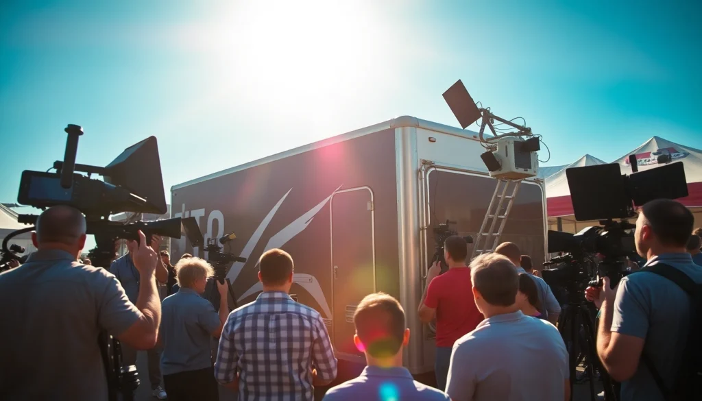 Mobile production services team setting up professional equipment at an outdoor event.