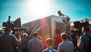 Mobile production services team setting up professional equipment at an outdoor event.