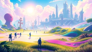 Showcase of Freedom X in an imaginative gaming landscape with AI characters and vibrant colors