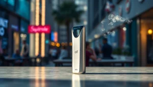 Elf Bar Elfa im Fokus, umgeben von urbanem Lebensstil und sanften Dampfwolken.