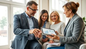 Engaged couple discussing retirement planning San Antonio with financial advisor in a professional office.