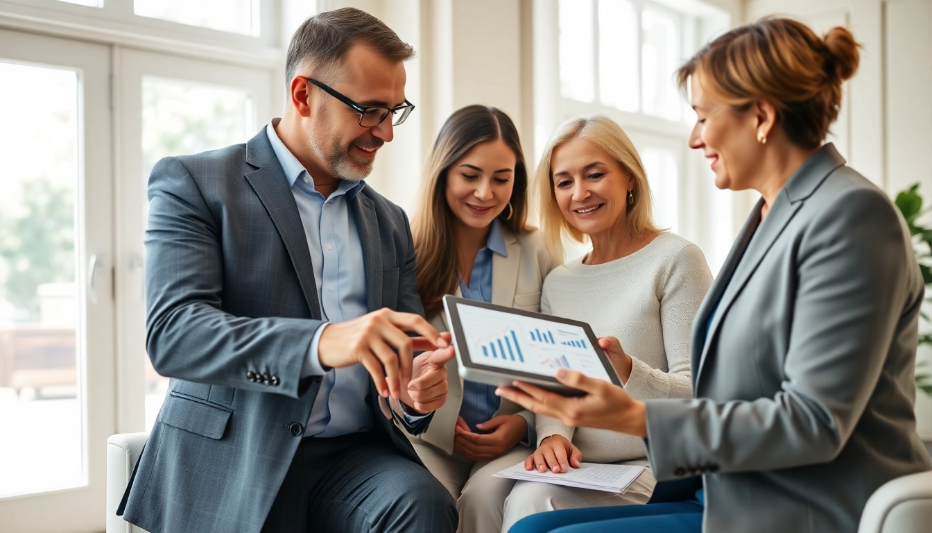 Engaged couple discussing retirement planning San Antonio with financial advisor in a professional office.