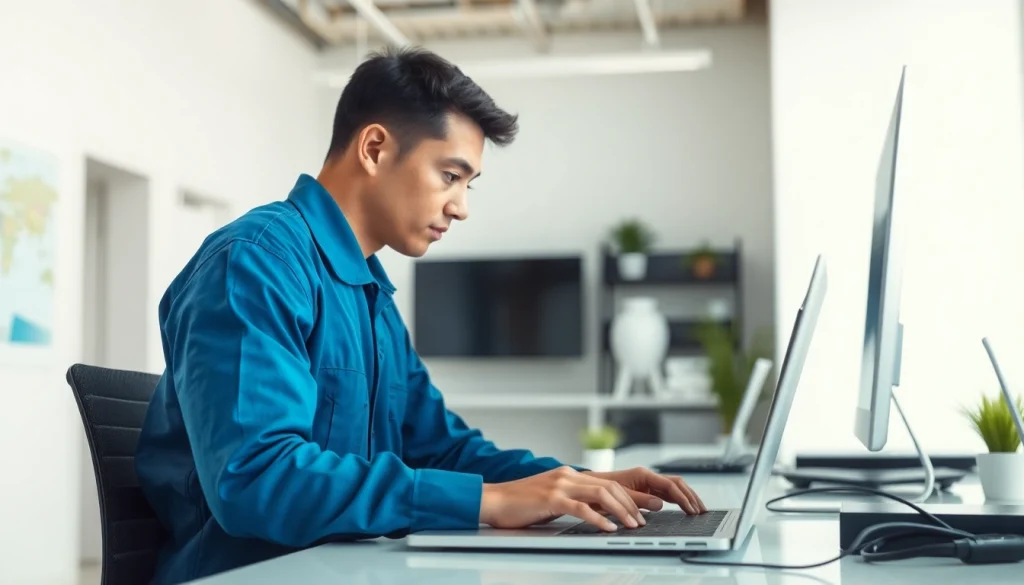 Engaging technician delivering a computer service in a bright workspace.