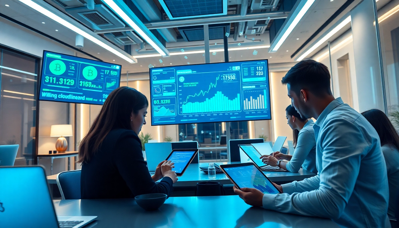 Engaging workspace showcasing users with a cloud mining app interface and cryptocurrency displays.