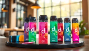 Hqd pods in verschiedenen Geschmacksrichtungen vor einer urbanen Café-Kulisse.