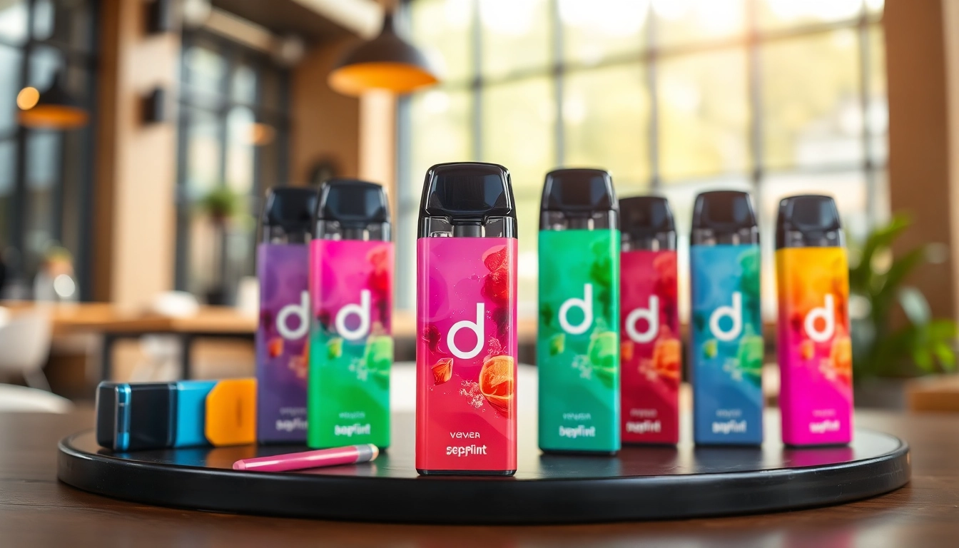 Hqd pods in verschiedenen Geschmacksrichtungen vor einer urbanen Café-Kulisse.