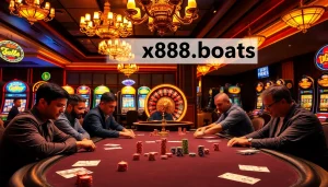 Gamblers interact with poker chips and cards at https://xx88.boats/, enjoying a dynamic casino atmosphere.