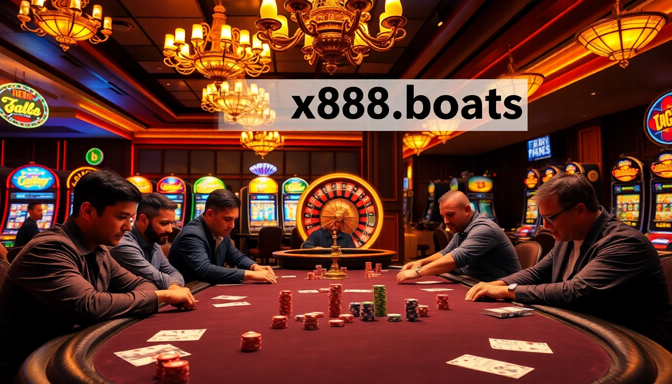 Gamblers interact with poker chips and cards at https://xx88.boats/, enjoying a dynamic casino atmosphere.