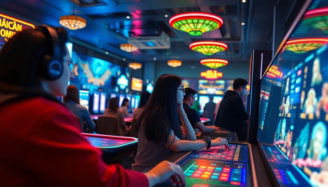 Exciting gaming scene at Nhà cái XX88 showcasing online casino and bắn cá games in a vibrant environment.