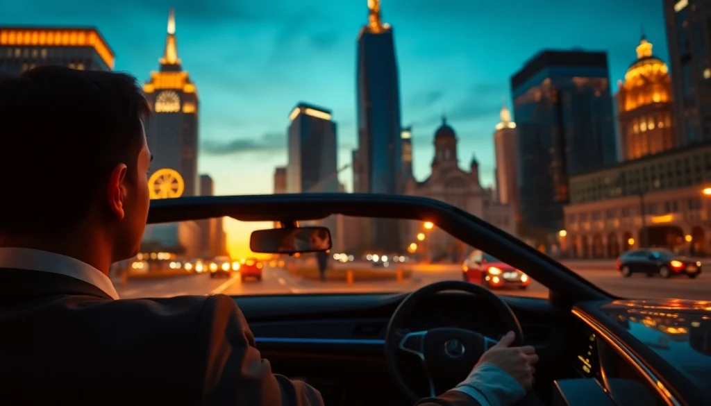 Chauffeur Hire with a luxury sedan driving through a city illuminated at dusk.