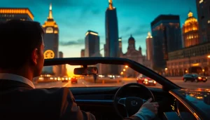 Chauffeur Hire with a luxury sedan driving through a city illuminated at dusk.