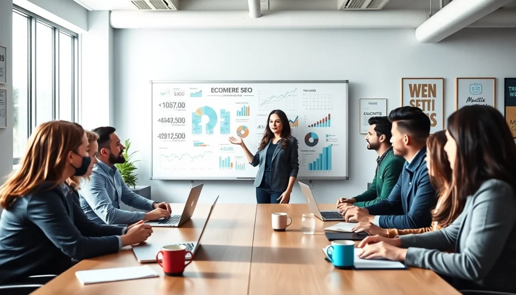 Engaged digital marketing team discussing eCommerce SEO strategies in a modern office.