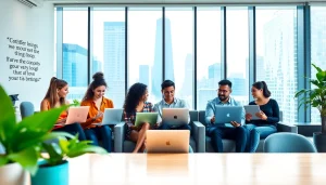 Job seekers exploring opportunities in a modern Chicago office setting for Chicago jobs.