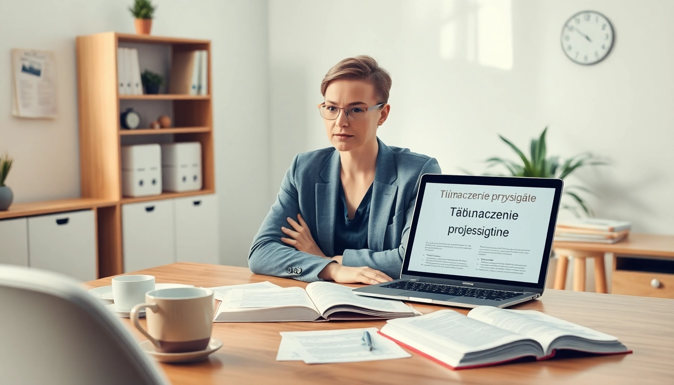 Tłumaczenie przysięgłe in a professional setting with focused translator.