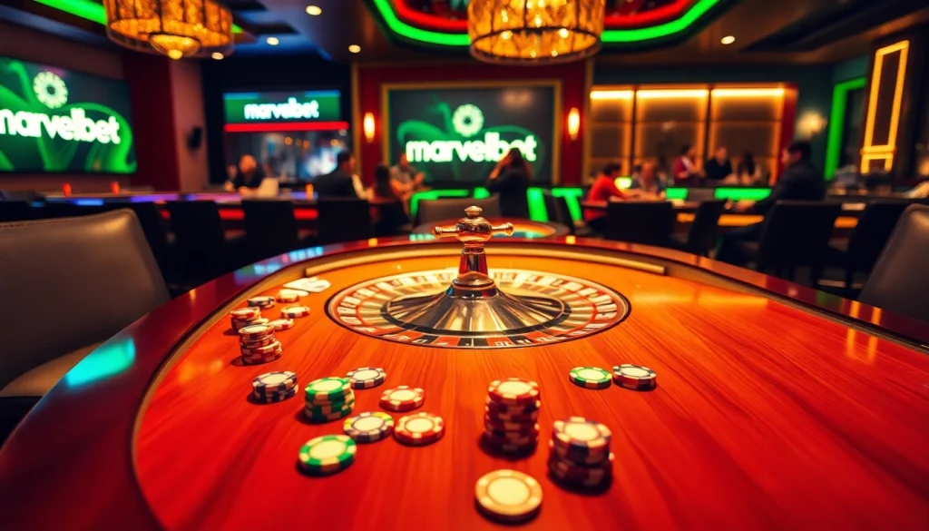Marvelbet casino scene showcasing vibrant gaming tables and an exciting gaming atmosphere.