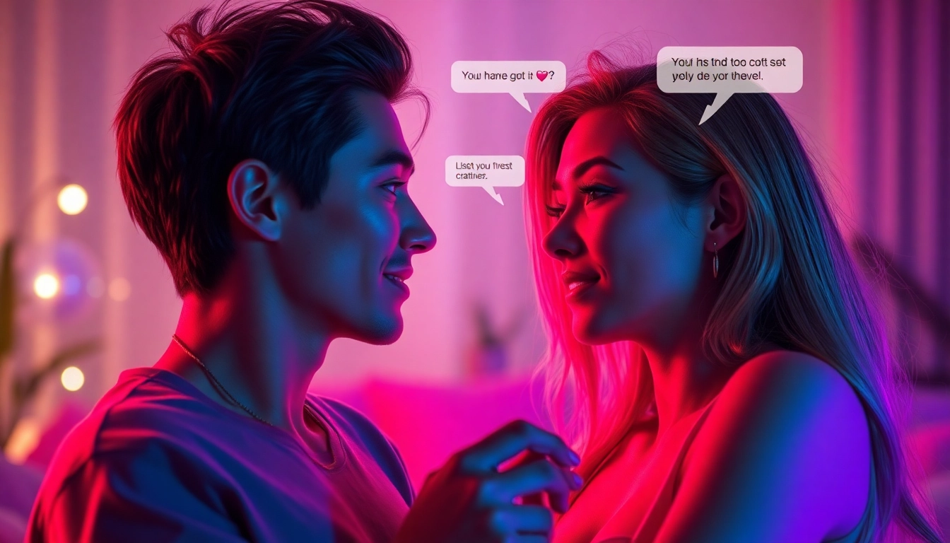 Engaging scene of ai sexting with characters exchanging flirtatious messages in a digital atmosphere.