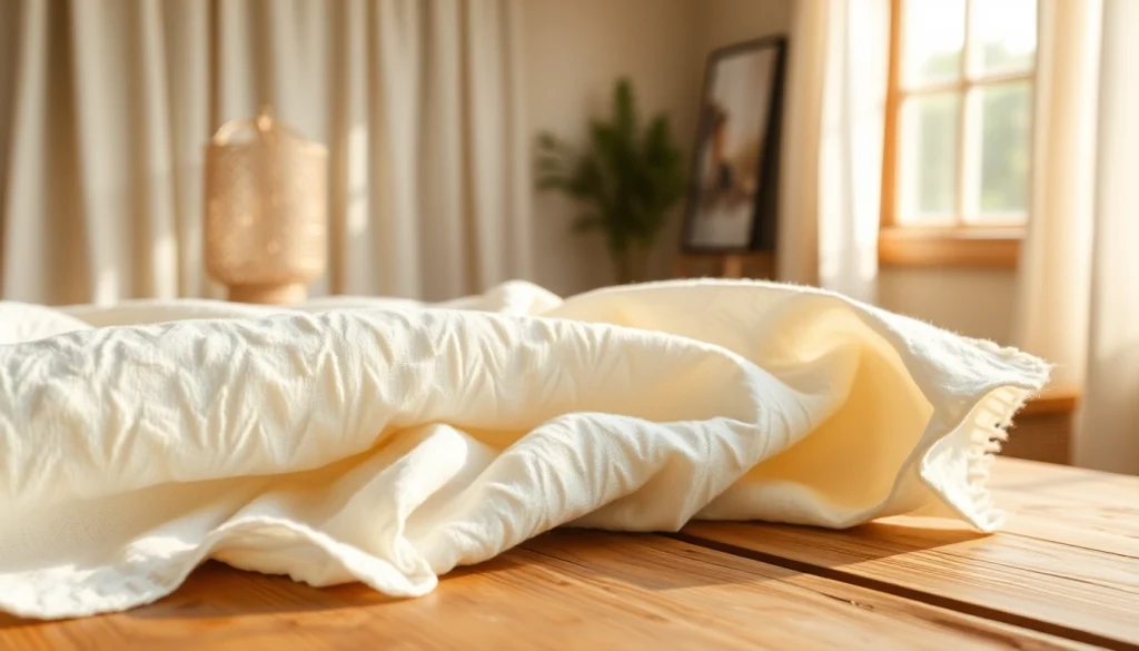 Katoen stof met een zachte textuur op een rustieke houten tafel.