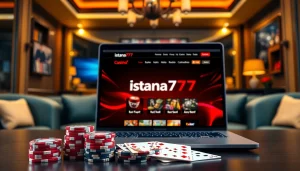 Membuka Istana777 Situs dengan laptop di ruang bermain yang nyaman dan mewah.