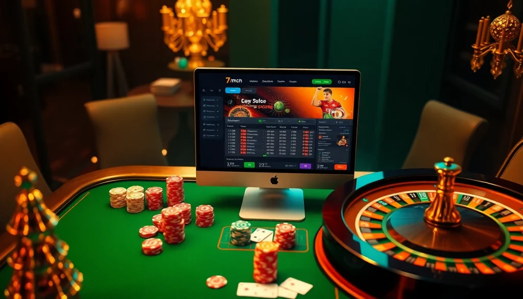 Experience thrilling live betting action on 7mcn with vibrant poker chips and casino elements.